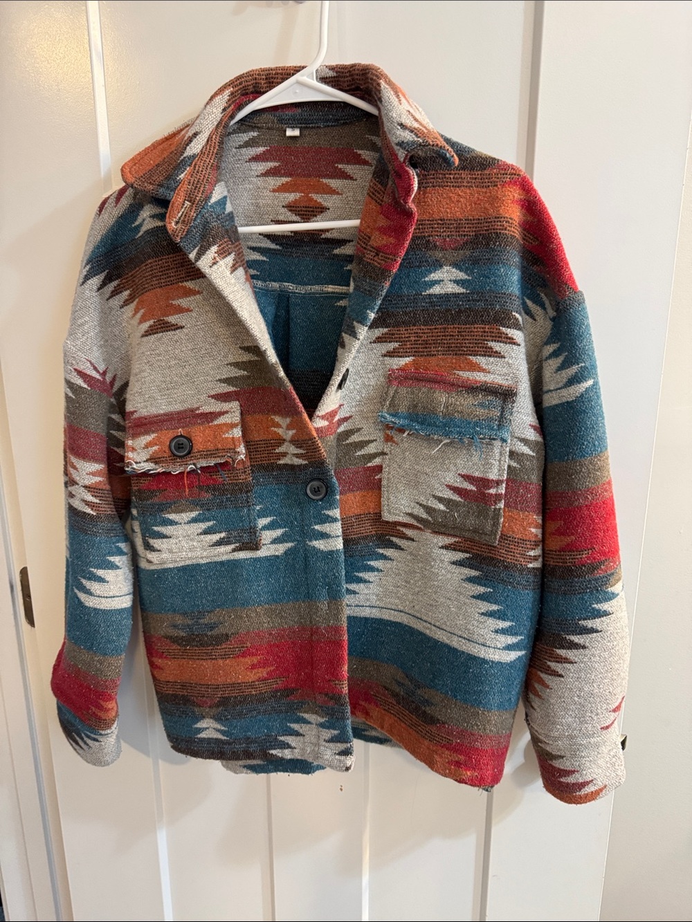 Southwest Pattern Button-Up Jacket in Teal, Rust & Cream